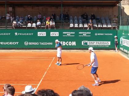 Fognini e Lorenzi nel doppio con Mirniy/Huey oggi a Montecarlo (foto di RUGGERO CANEVAZZI)